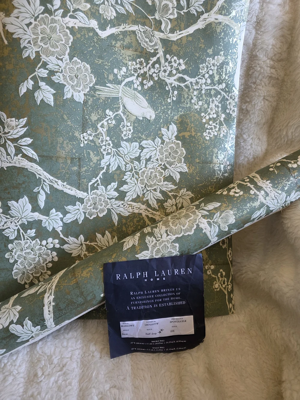Ralph Lauren Marlowe Teal, White and Gold Floral Bird 2 Rolls 11yd Wallpaper